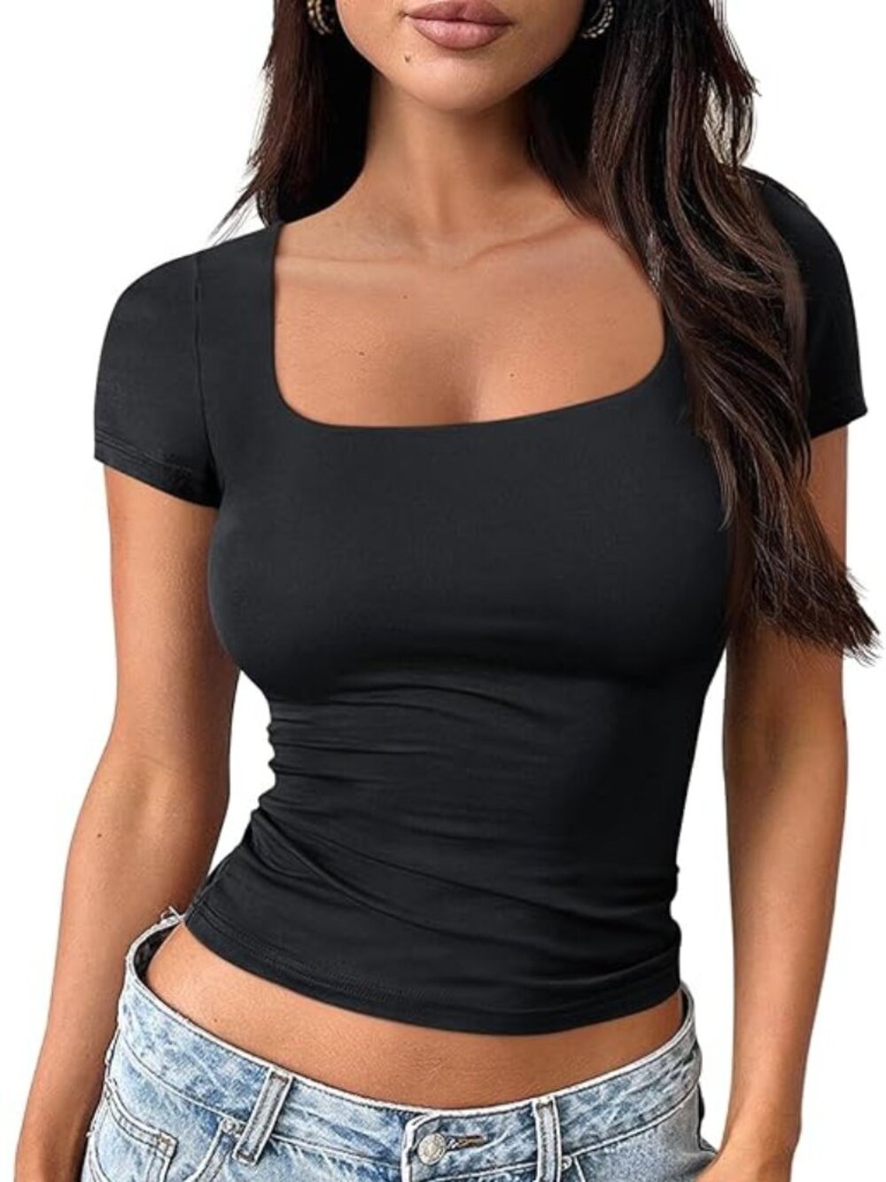 Square Neck Crop Top for Women – Double Lined Short Sleeve Y2K Top,